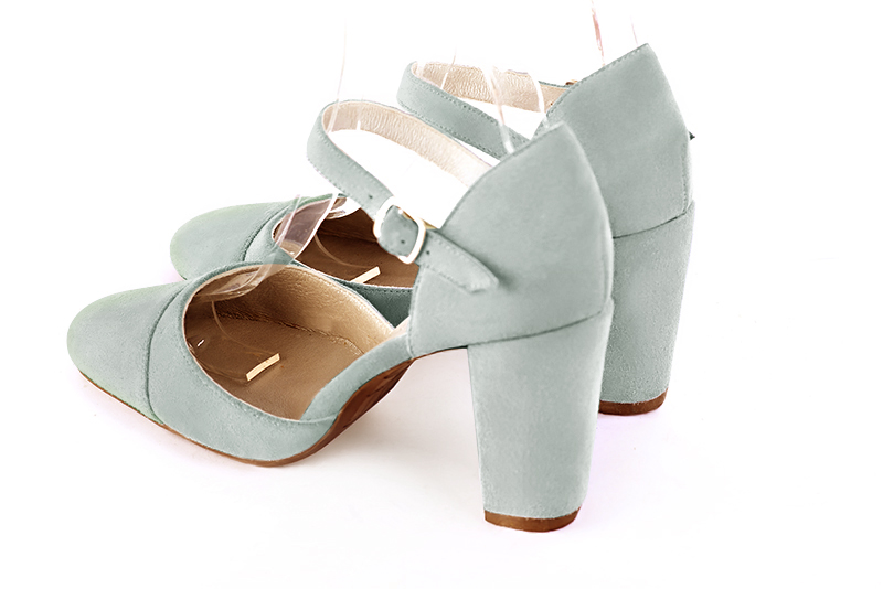 Aquamarine blue women's open side shoes, with an instep strap. Round toe. High block heels. Rear view - Florence KOOIJMAN